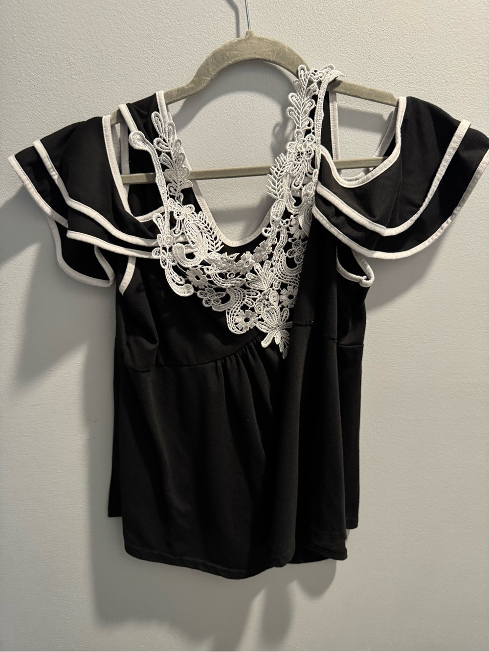 Black Top with White Lace Trim - Women’s Elegant Cold-Shoulder Blouse plus size